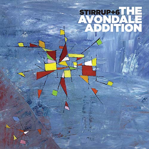 "Album cover with abstract blue background and colorful geometric shapes, titled 'The Avondale Addition'."
