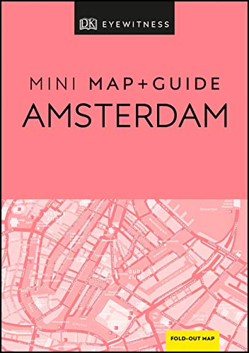 "Pink travel guide cover with 'Amsterdam' title and a map at the bottom."