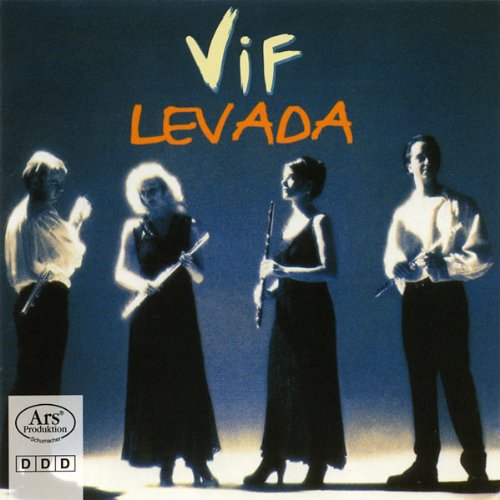 CD cover with four musicians holding flutes, in black and white attire.