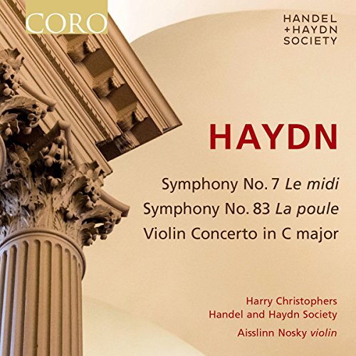 CD cover with classical column image and red "HAYDN" title, listing symphonies and violin concerto.