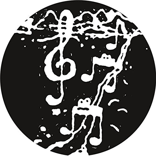 Black vinyl record with white musical notes splattered on its surface.