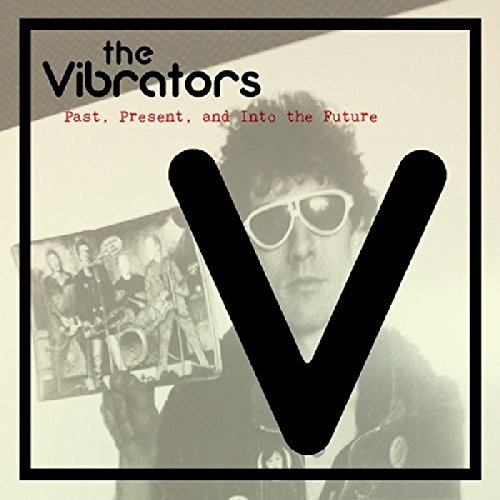 "Album cover with a man holding a band photo, large 'V' in the foreground."