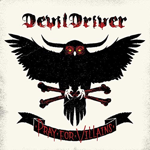 "Album cover art featuring a black owl with red eyes and crossed bones."