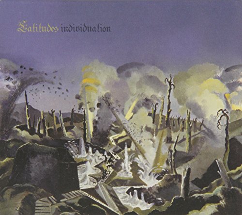 The image depicts a CD cover for "Latitudes - Individuation" with a dark, abstract landscape. For accessibility purposes, a suitable alt text could be: "Dark abstract landscape with yellow and gray clouds and twisted tree forms."