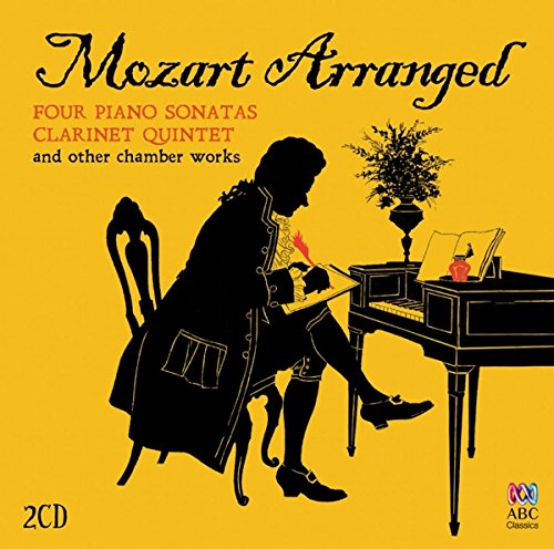 "CD cover with yellow background, silhouette of Mozart at piano, 'Mozart Arranged' title."