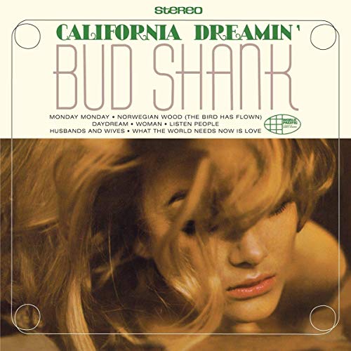 Album cover with blonde woman and green and gray title "California Dreamin'" by Bud Shank.