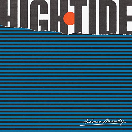 "Album cover with 'HIGH TIDE' in black letters, blue stripes, and artist's signature."