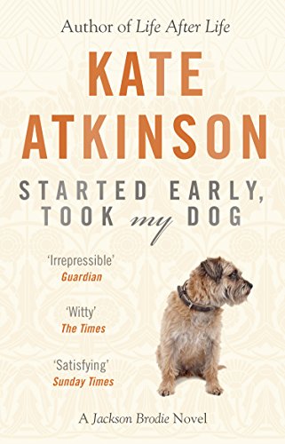 The image depicts a book cover with a deer and text. "Book cover with deer head, orange background, and text 'Kate Atkinson Started Early, Took My Dog'."