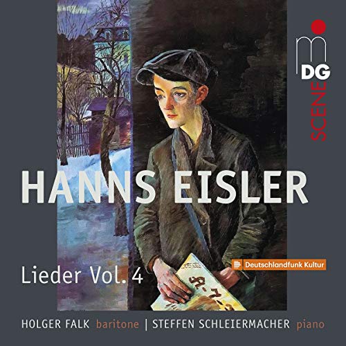 CD cover with a man holding sheet music, titled "Hanns Eisler Lieder Vol. 4".