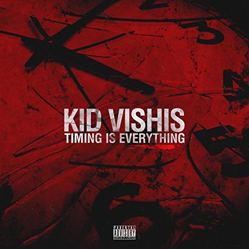 "Red album cover with broken clock face and 'Kid Vishis Timing Is Everything' text."