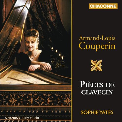 CD cover with a woman leaning on a harpsichord, black and gold design.