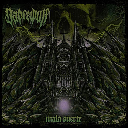 "Album cover art featuring a gothic cathedral surrounded by rocks and lightning."