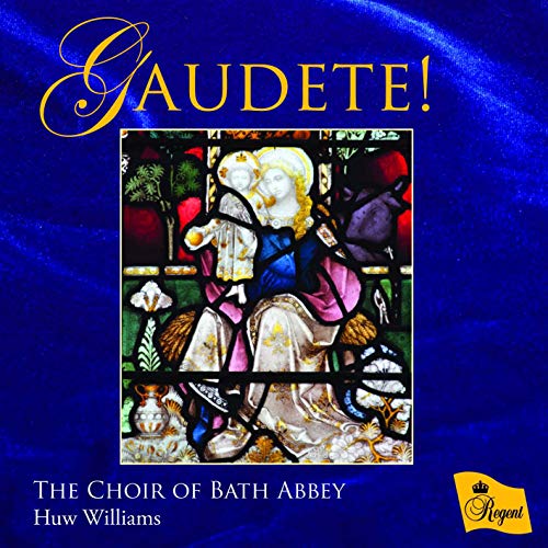 "CD cover with stained-glass image of Mary and Jesus on blue background."