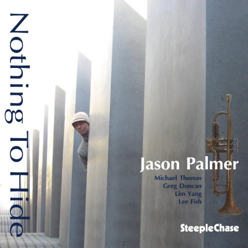 Album cover with a man peeking from behind a concrete pillar, trumpet beside it.