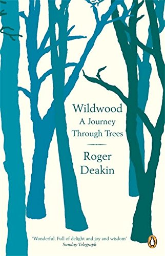 Book cover with teal tree silhouettes and title "Wildwood: A Journey Through Trees" on beige background.