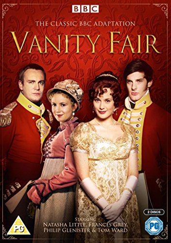 "Vanity Fair DVD cover featuring four actors in 19th-century attire against a red background."