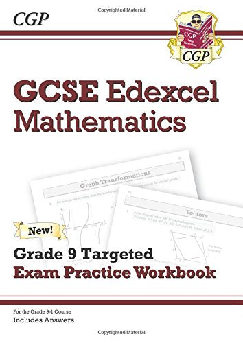 "White workbook cover with red text, maths graphs, and 'CGP' logo."