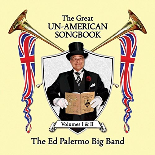Album cover with man in top hat holding songbook, surrounded by crossed trumpets and flags.