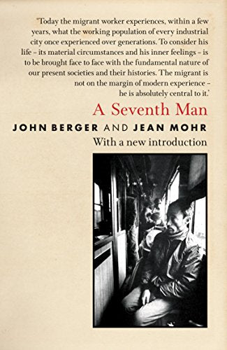 Book cover with black-and-white photo of man on train, beige background, text describing migrant workers.