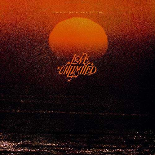 "Album cover with orange sunset over water and 'Love Unlimited' stylized text."