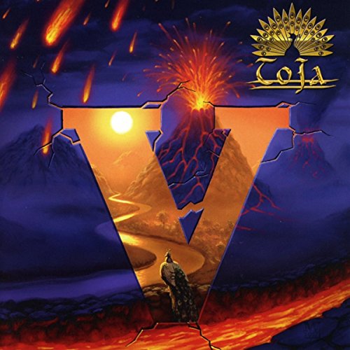 The image is a CD cover with a large "V" and a volcano erupting. Toja CD cover featuring a stylized "V" with volcanic landscape.