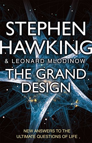 "The Grand Design" book cover with abstract blue design on black background.