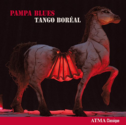 "CD cover featuring a white horse statue with red lighting and cracked surface."