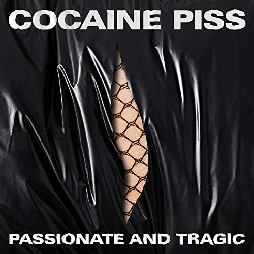 "Album cover with black latex, fishnet stocking, and bold white text."