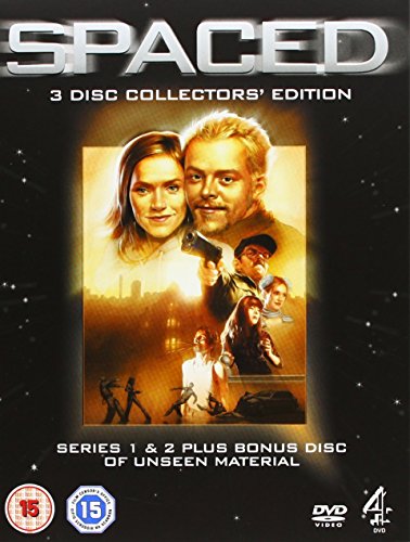 "Spaced DVD cover featuring main characters and a cityscape, with a black starry background."