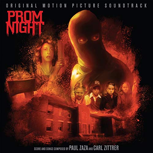 "Album cover for 'Prom Night' soundtrack, featuring a masked figure and teenagers."