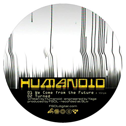 Black and white vinyl record with "HUMANOID" in yellow, futuristic font on a black banner.