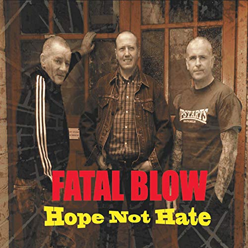 "Album cover with three bald men standing in front of a door."