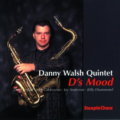 Man holding two saxophones on a jazz album cover with dark background.