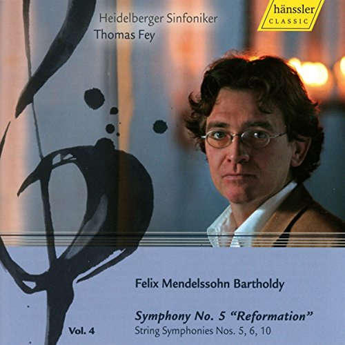 CD cover with conductor Thomas Fey and musical notes, featuring Felix Mendelssohn's compositions.