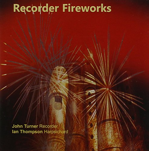 "CD cover with recorders surrounded by fireworks against a red background."