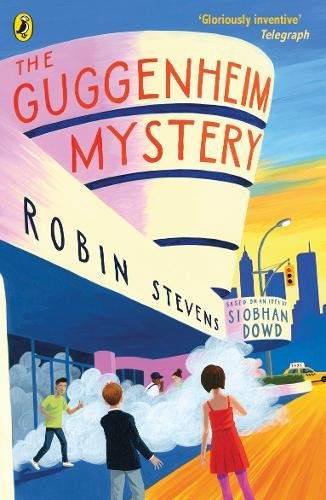 "The Guggenheim Mystery" book cover featuring people amidst fog, with cityscape and title.