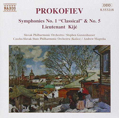 "CD cover with winter scene painting and red text listing Prokofiev's symphonies."