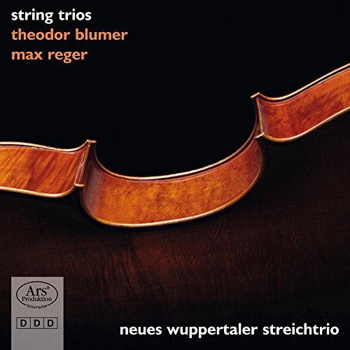 The image shows a CD cover for a string trio album featuring a violin on a black background. Alt text: "CD cover with violin body on black background and text."