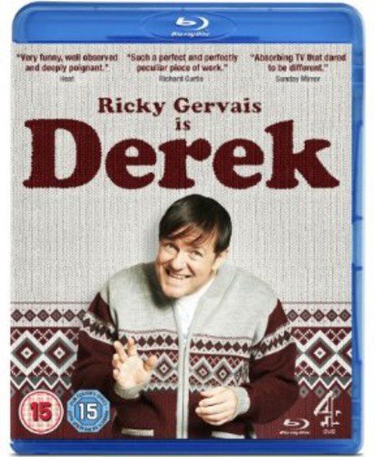 "Blu-ray case with 'Ricky Gervais is Derek' cover, featuring a man in a sweater."
