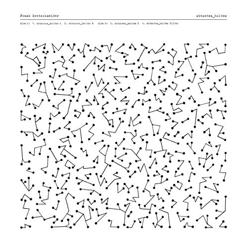 A vinyl record cover with a white background and scattered black abstract shapes and dots.