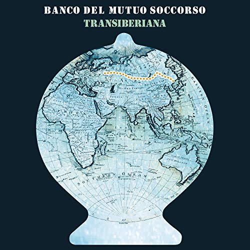 "Globe on a stand with a dotted line across Russia on a dark background."