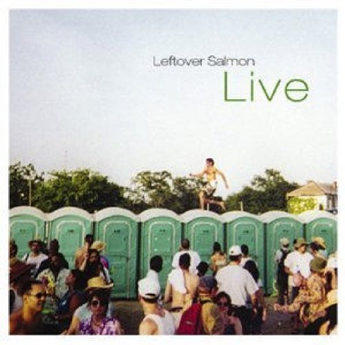 "Album cover with man on portable toilets surrounded by a crowd."