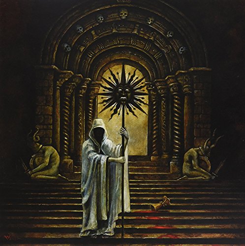 Vinyl record cover featuring a hooded figure holding a black sun symbol.