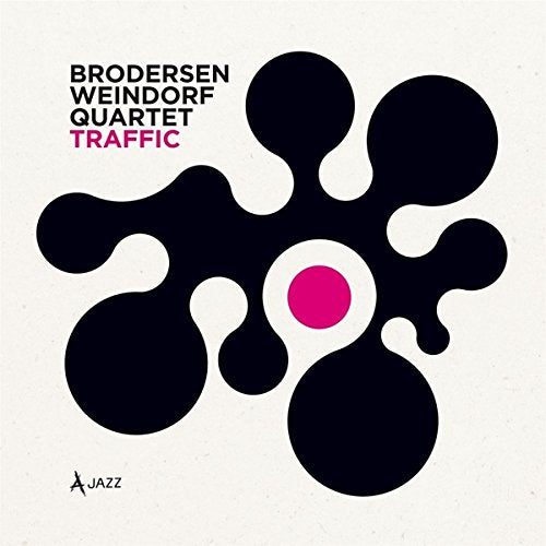 Album cover with abstract black shapes, pink center, on a beige background.