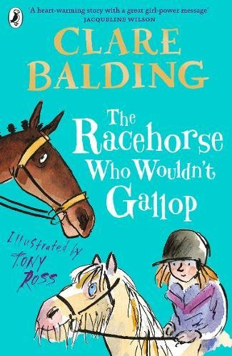 The image is a children's book cover featuring a girl riding a horse, with another horse's head nearby.