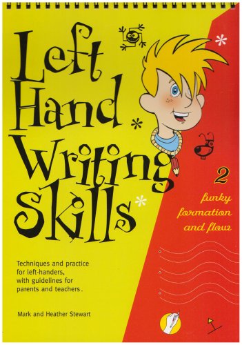 "Book cover with cartoon boy and title 'Left Hand Writing Skills' on yellow and red background."