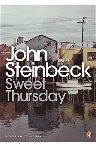 The image depicts the cover of "Sweet Thursday" by John Steinbeck. "Book cover with a photo of colorful waterfront buildings and a small boat."