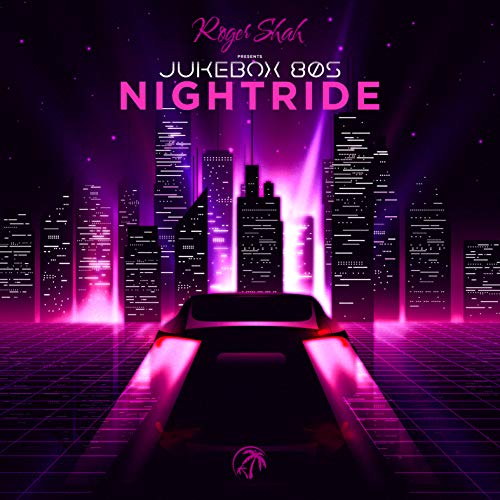 A futuristic cityscape at night with a car driving towards it under purple lights.