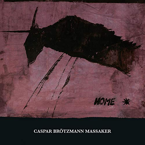 "Album cover with abstract black animal figure on mauve background, 'HOME' text below."