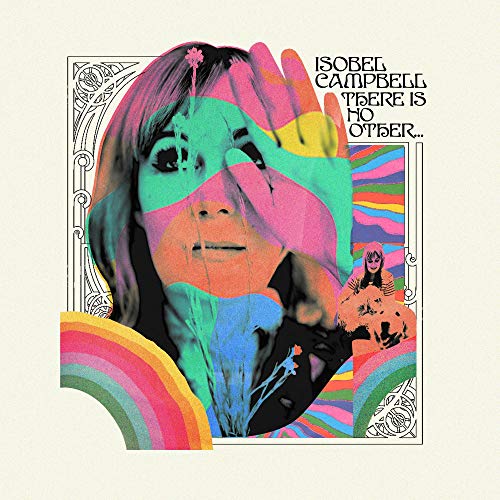 "Album cover with a woman's face, colorful abstract shapes, and rainbow patterns."